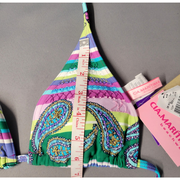 Cia Maritima Floral Bikini Top Womens Medium Embroidered Beaded Stripe Swimwear - Picture 10 of 12